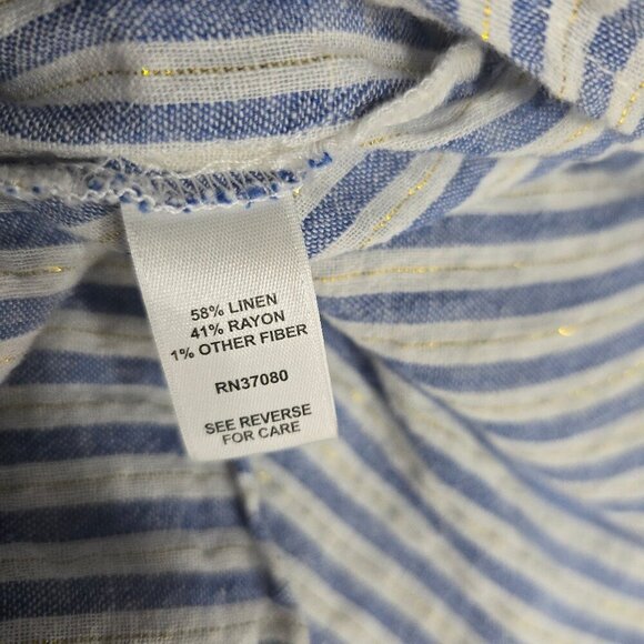 Cato White Blue Stripe Linen Flutter Sleeve Button Front Flowy Babydoll Top - Picture 5 of 5